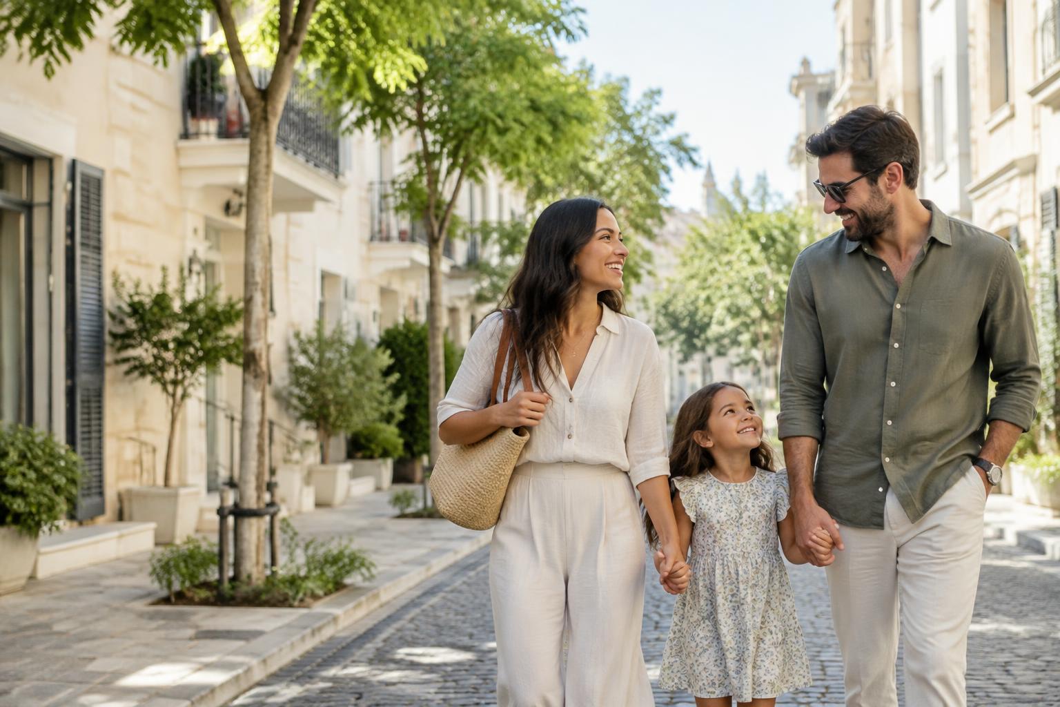 A family walking together on a residential street