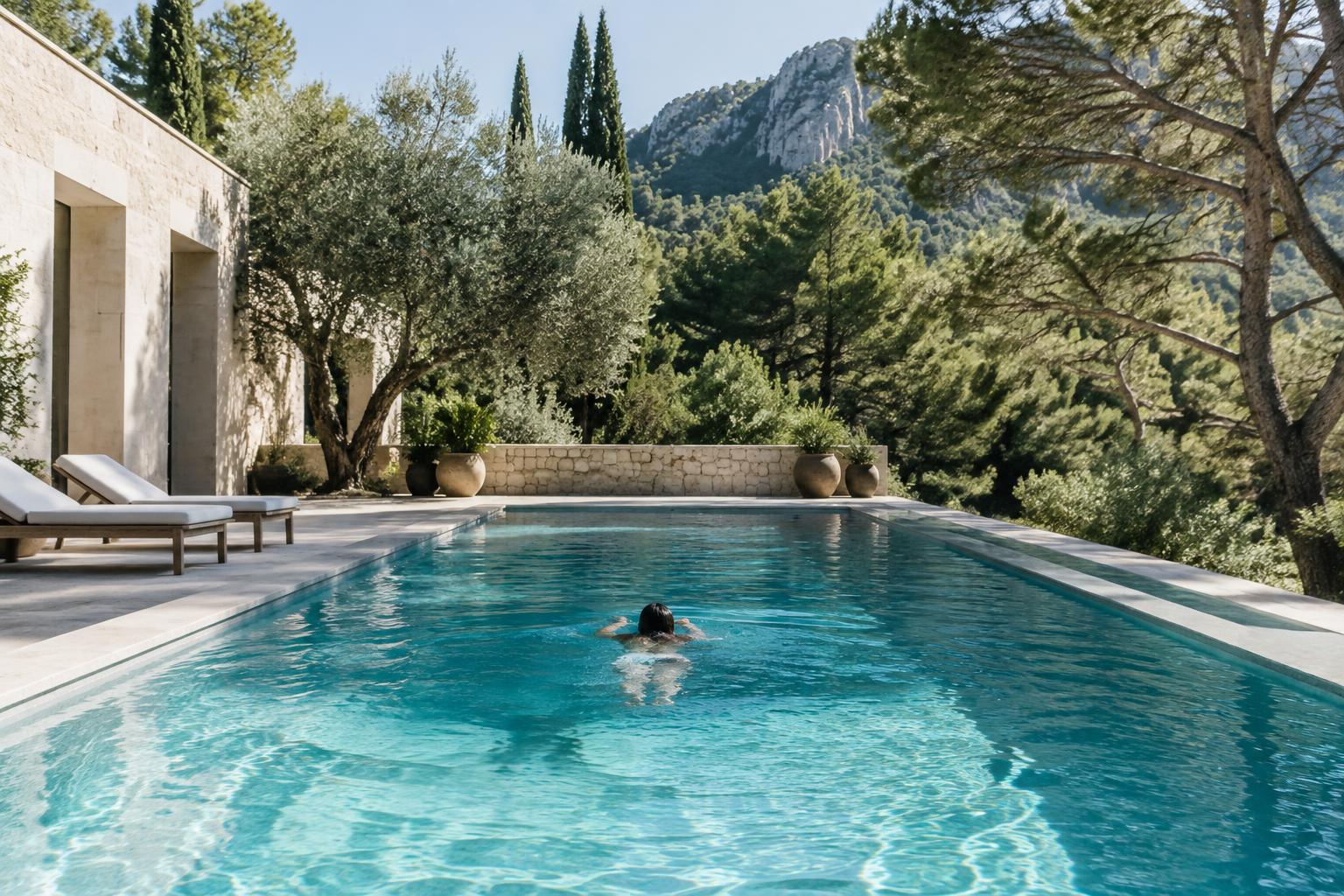 An outdoor swim in a leafy setting