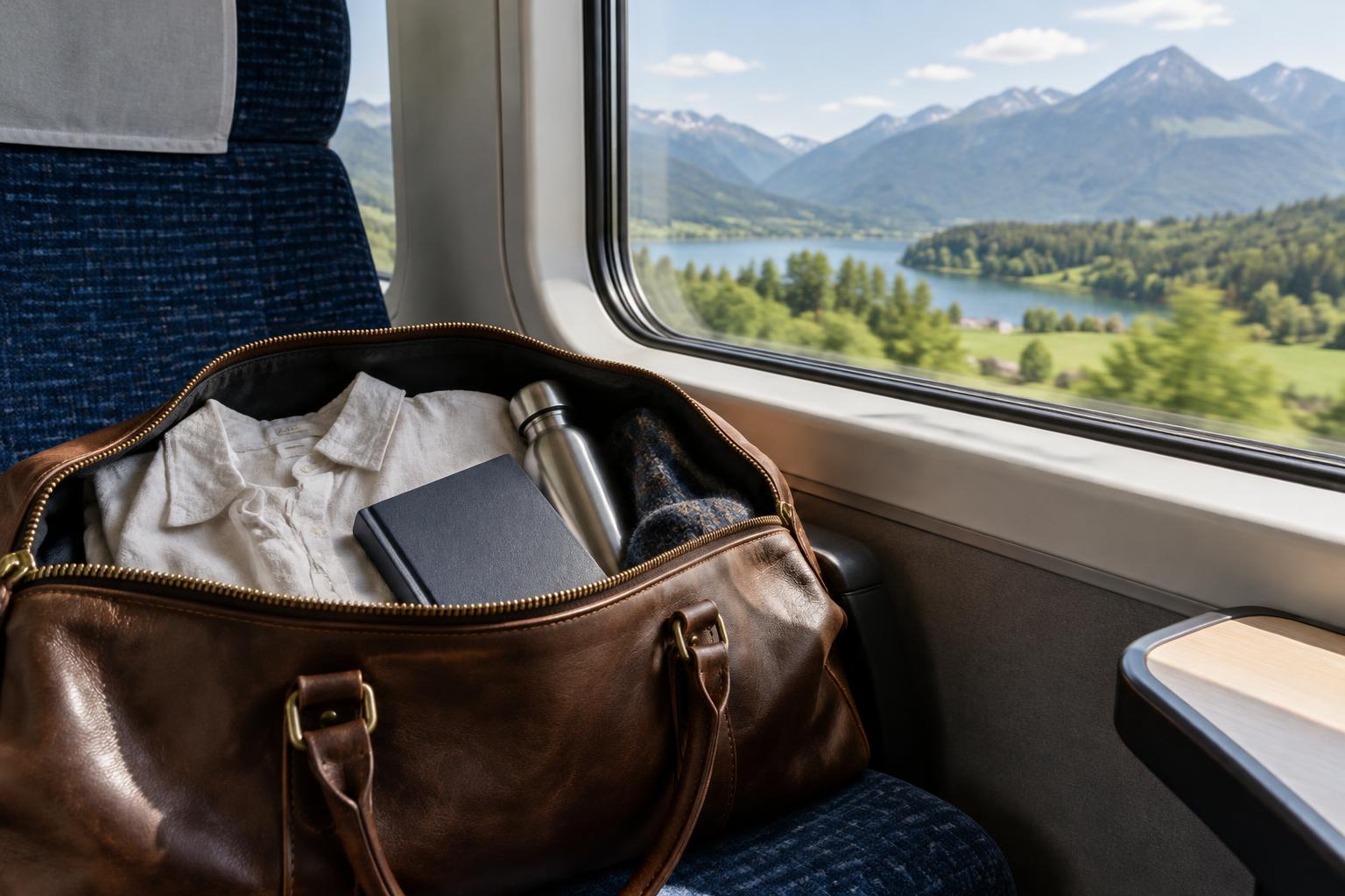 A travel bag beside a train window